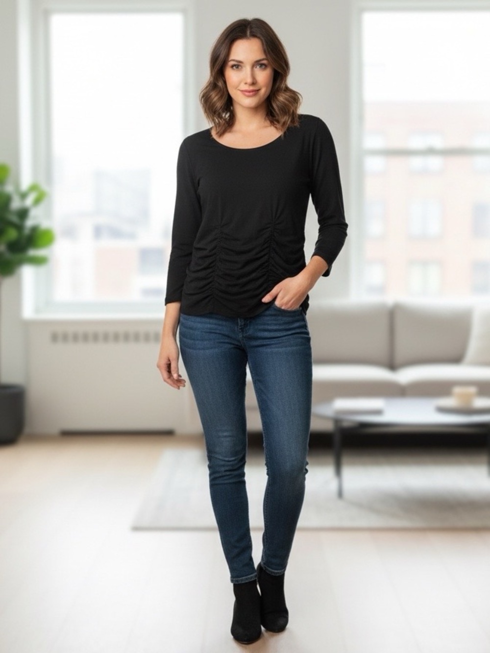 Magdalena black ruched waist top cotton spandex size medium 8 10 elastic inside